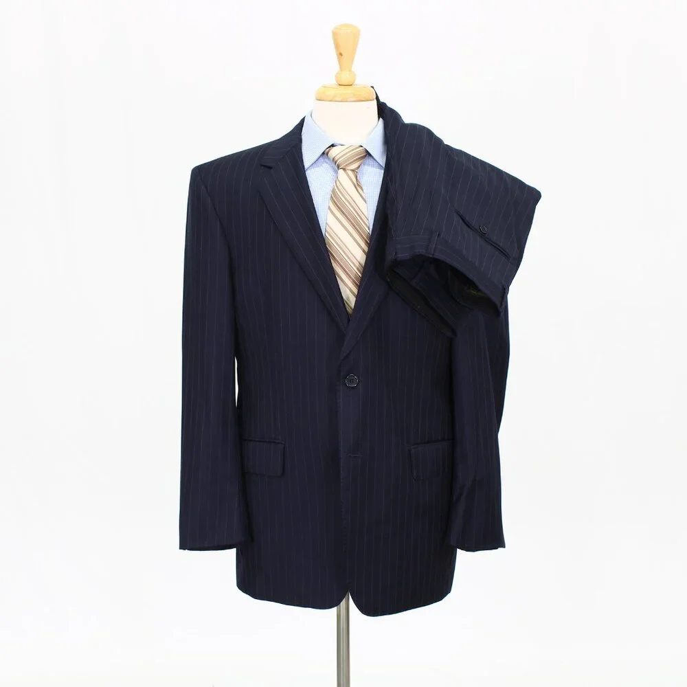 Jos. A. Bank 42R 36x31 Navy Striped Wool 2-Button Full Suit R437 - Picture 1 of 15